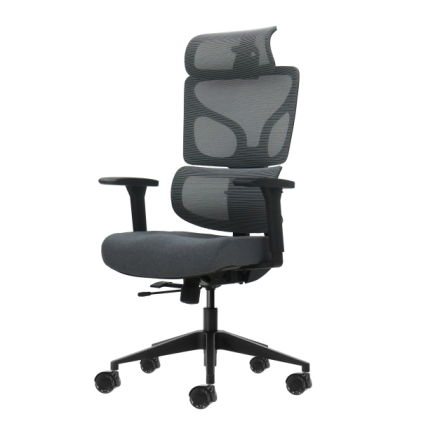 Sedia da ufficio ergonomica Oqonos Cherg 011 con poggiatesta cervicale regolabile, schienale e sedile in rete elastica, braccioli 4D, sedile scorrevole ergonomico sagomato e ruote in silicone - Grigio con struttura nera