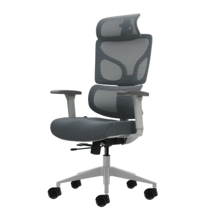 Sedia da ufficio ergonomica Oqonos Cherg 014 con poggiatesta cervicale regolabile, schienale e sedile in rete elastica, braccioli 4D, sedile scorrevole ergonomico sagomato e ruote in silicone - Grigio