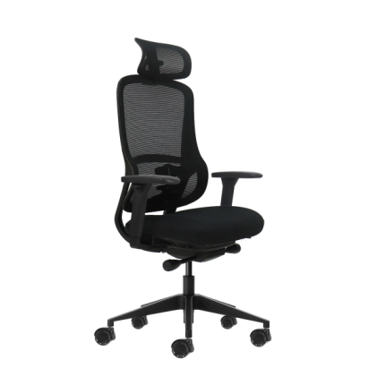 Sedia da ufficio ergonomica Oqonos Cherg 018 con poggiatesta cervicale regolabile, meccanismo autobilanciante, braccioli 4D, sedile scorrevole e ruote in silicone - Nera