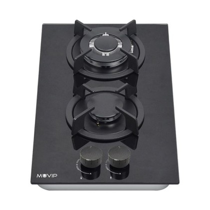 Cucina a gas da incasso Muvip MV0627 - 2 zone cottura da 26 cm - Bruciatore e supporti in ghisa - Vetro temperato ad alta resistenza - Sistema di accensione elettrica - Dispositivo di sicurezza per lo spegnimento della fiamma