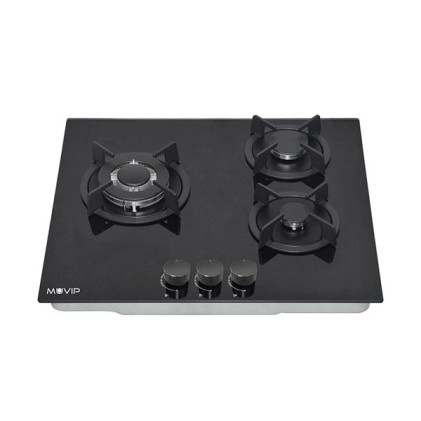Cucina a gas da incasso Muvip MV0626 - 3 zone di cottura - Bruciatore e supporti in ghisa - Vetro temperato ad alta resistenza - Accensione elettrica - Dispositivo di sicurezza per l'estinzione della fiamma