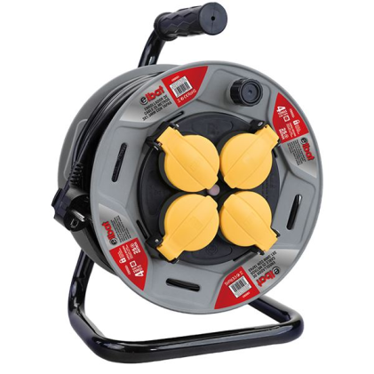 Avvolgicavo Elbat con protezione termica - 4 Schuko - Carico massimo: 1100 W (retratto), 3200 W (non retratto) - Cavo da 25 m