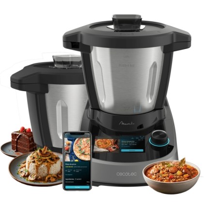 Robot da cucina Cecotec Mambo Touch - Brocca Habana Pro in ceramica da 3,3 litri - Brocca in acciaio inox - Antiaderente - Schermo TFT - Include accessori - Wi-Fi - Lavabile in lavastoviglie - Nero e argento
