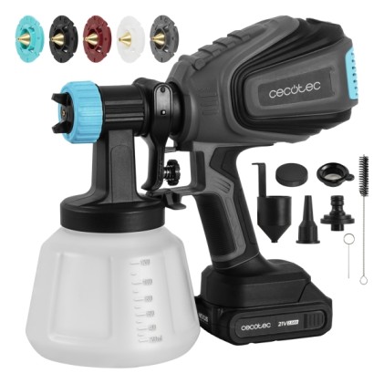 Cecotec TotalPaint 4000 Liberty Pistola a spruzzo di vernice cordless - Batteria da 21 V 2 Ah - Serbatoio da 1200 ml - Controllo del flusso fino a 800 ml/min - 14 kPa - Accessori inclusi - Nero e blu