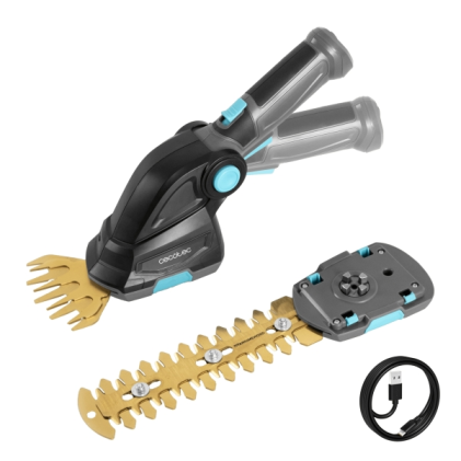 Tagliasiepi a batteria Cecotec TitaniumSword 2000 2 in 1 - Lama da 17 cm - Comando rotativo - Batteria integrata da 7,2 V - Lama anteriore da 10 cm - Rivestimento in titanio - Grigio scuro