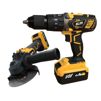 Pacco batteria radiale Blim 20V 4Ah Velocit&agrave; 8500rpm Diametro disco 115/125mm + Trapano a percussione 20V 4Ah Coppia massima 58Nm Velocit&agrave; 0-450rpm e 0-1800rpm - Include 2 batterie e valigetta con accessori
