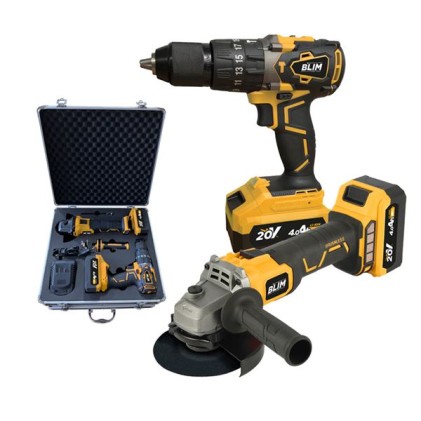 Pacco batteria radiale Blim 20V 4Ah Velocit&agrave; 8500rpm Diametro disco 115mm + Trapano a percussione 20V 4Ah Coppia massima 68Nm Velocit&agrave; 0-500rpm e 0-2000rpm - Include 2 batterie e valigetta in alluminio con accessori