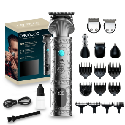 Cecotec PrecisionCare Samurai Rasoio e rifinitore 6 in 1 con base - Autonomia della batteria: 170 minuti - Accessori inclusi - Lame in acciaio inossidabile - Testine rifinitrici incluse - Pettini guida inclusi - Grigio