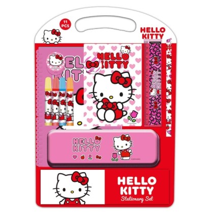 Kit scolastico iconico Safta Hello Kitty con astuccio in metallo - Matita - 4 pennarelli - Righello da 15 cm - Temperamatite - Gomma - Quaderno A4 - Blocco note A6 - 270x30x375 mm - Multicolore