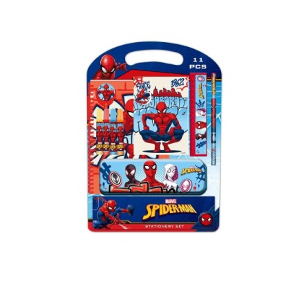Kit scolastico Safta Spider-Man Attack con astuccio in metallo - Matita - 4 pennarelli - Righello da 15 cm - Temperamatite - Gomma - Quaderno A4 - Blocco note A6 - 270x30x375 mm - Multicolore
