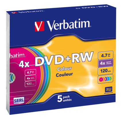 VERBATIM 43297 DVD+RW Verbatim 5pcs, 4.7GB, 4x, slim jewel case, Colour