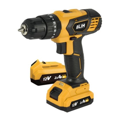 Trapano a percussione a batteria Blim 12V 2Ah - Coppia massima 28Nm - 2 velocit&agrave; 0-400/0-1500rpm - Include 2 batterie e custodia per il trasporto