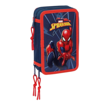 Astuccio a 3 scomparti Safta Spider-Man - 37 pezzi - 1,3 l - Gomma - Matita - Penne - Temperamatite - Righelli - 16 colori - 14 pennarelli - 125x55x195 mm - Blu navy