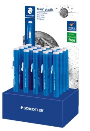 Espositore Staedtler Mars in plastica 528 50 con 20 portagomme a forma di matita - Con cursore per gomma - Senza ftalati e lattice