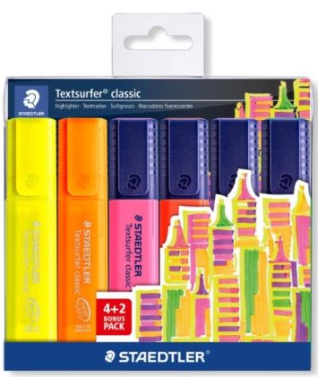 Pennarelli fluorescenti Staedtler Textsurfer Classic 364, confezione da 6 pezzi - Asciugatura rapida - Tratto da 1 a 5 mm circa - Colori assortiti