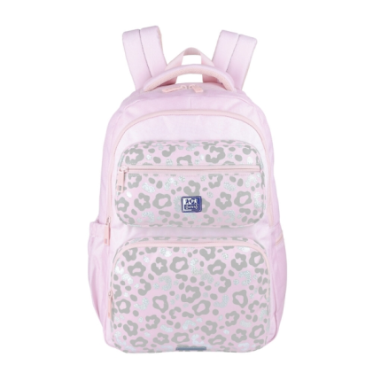Zaino scolastico Oxford Dream Tech con stampa animalier, 25 litri - 2 scomparti e 10 tasche - Schienale ergonomico traspirante - Spallacci imbottiti e regolabili - Scomparto per laptop - Rosa