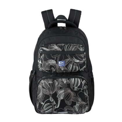 Zaino scolastico Oxford Dream Tech con stampa floreale, 25 litri - 2 scomparti e 10 tasche - Schienale ergonomico traspirante - Spallacci imbottiti e regolabili - Scomparto per laptop - Nero