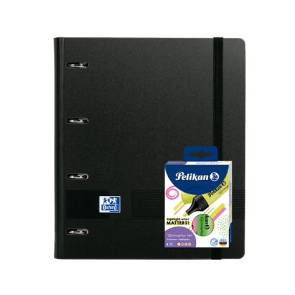 Oxford Europeanbinder Live & Go A4+ Pack con raccoglitore formato A4+ con ricarica da 100 fogli + confezione da 4 pennarelli Pelikan Testmarker 490 - Copertina in plastica di poliuretano espanso - Chiusura elastica - Nero