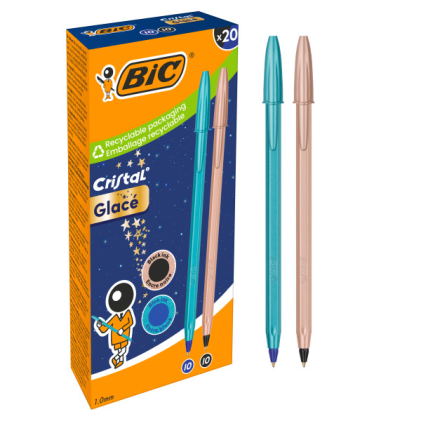 Confezione da 20 penne a sfera Bic Cristal Glace - Corpo opaco nei colori blu metallizzato opaco e rame opaco - Punta tonda da 1 mm - Tratto da 0,4 mm - Inchiostro a base d'olio - Colori: 10 blu, 10 neri