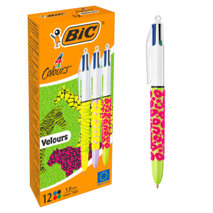 Penna a sfera retrattile Bic Velours 4 Colori - Punta media da 1,0 mm - Inchiostro a base d'olio - Fusto goffrato Soft Touch - 4 colori di inchiostro