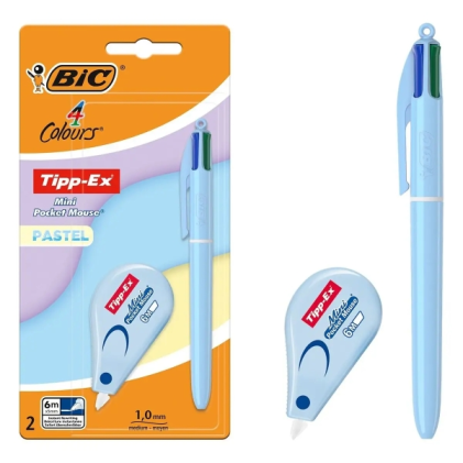 Set di 4 matite pastello Bic con 1 penna a sfera retrattile in 4 colori + correttore liquido pastello Tipp-Ex Mini Pocket Mouse (5 mm x 6 mm) - Punta media da 1,0 mm - Inchiostro a base d'olio - Corpo pastello - 4 colori di inchiostro
