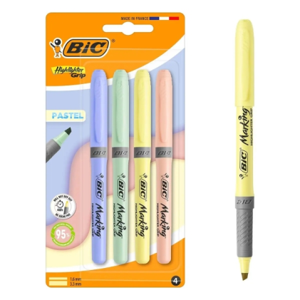 Set di 4 evidenziatori Bic con punta a scalpello, colori pastello fluorescenti - Tratto da 1,60 a 3,30 mm - Impugnatura testurizzata - Colori assortiti
