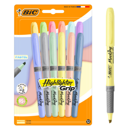 Set di 12 evidenziatori Bic Highlighter Grip Pastel con punta a scalpello, spessore del tratto tra 1,60 e 3,30 mm, impugnatura testurizzata e colori assortiti.