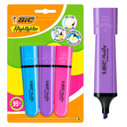 Evidenziatori Bic, confezione piatta da 3 pennarelli fluorescenti - Punta a scalpello - Tratto da 1,20 a 4,60 mm - Inchiostro a base d'acqua - Colori assortiti