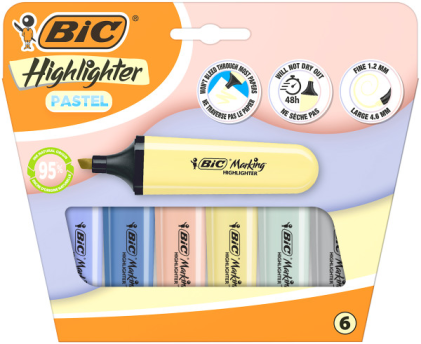 Evidenziatori Bic Flat Pastel Mineral, confezione da 6 pennarelli fluorescenti - Punta a scalpello - Tratto da 1,20 a 4,60 mm - Inchiostro a base d'acqua - Colori pastello minerali assortiti