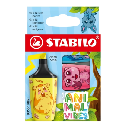 Stabilo Boss Mini Animal Vibes Confezione da 3 mini pennarelli fluorescenti - Tratto da 2 a 5 mm - Inchiostro a base d'acqua - Anti-essiccazione - Colori assortiti
