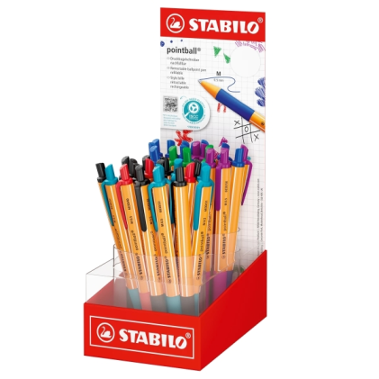 Espositore Stabilo Pointball con 38 penne retrattili - Punta da 1 mm - Inchiostro a base d'olio - Ricaricabili - Plastica riciclata all'87% - Impugnatura antiscivolo - Colori assortiti