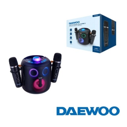Altoparlante karaoke portatile Daewoo DW3008 da 15 W con Bluetooth 5.4, 2 microfoni wireless, luci a LED, radio FM, USB/SD/Aux, batteria da 1800 mAh, ricarica USB-C, maniglia per il trasporto e supporto per telefono, colore nero