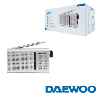 Radio analogica portatile AM/FM Daewoo DW1037 - Antenna telescopica - Altoparlante integrato - Cuffie incluse - Uscita jack da 3,5 mm - Funzionamento a batterie (2xAA) - Manopola di sintonia precisa - Colore blu argento