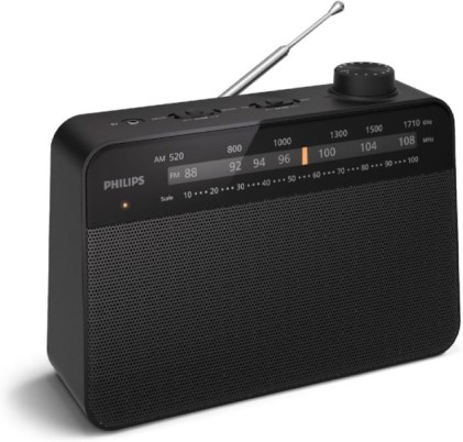 Radio portatile FM/AM Philips TAR2509 - Altoparlante Clear Sound da 3,5" - Alimentazione a batterie tipo D o tramite corrente alternata - Controllo del tono - Sintonizzazione analogica con indicatore LED - Jack per cuffie da 3,5 mm