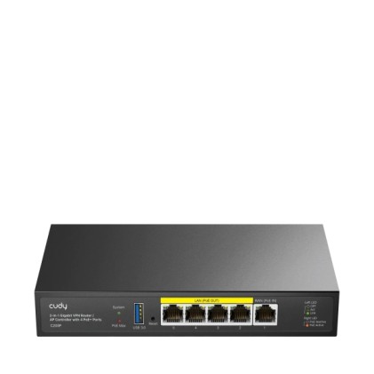 Router VPN Cudy - Ethernet 1 Gbps - 4 porte GbE PoE - 60 W - Gestisce fino a 200 punti di accesso - USB 3.0 - Indicatori LED - Metallo - 190x100x28 mm - Nero