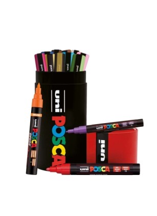 Scatola di metallo Posca con 13 pennarelli a vernice - 4x PC-5M, 5x PC-3M, 4x PC-5BR - Inchiostro a base d'acqua - Non permanente - Resistente alla luce - Colori assortiti