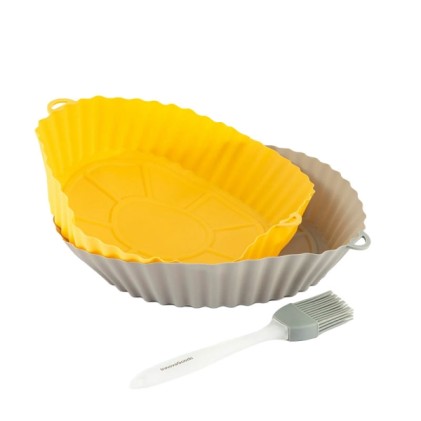 Innovagoods Mollicon Confezione da 2 cestelli in silicone per friggitrice ad aria - Antiaderenti - Lavabili in lavastoviglie - Senza BPA - Facili da pulire - Spazzola inclusa - 24,5x4,5x21,5 cm - Grigio e Arancione