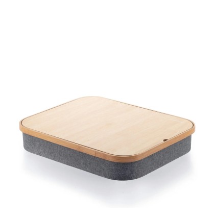 Supporto per laptop grande Innovagoods - Multifunzionale - Vassoio portaoggetti - Cinghia di fissaggio interna - 40,5x33x6,5 cm - Colore legno e grigio