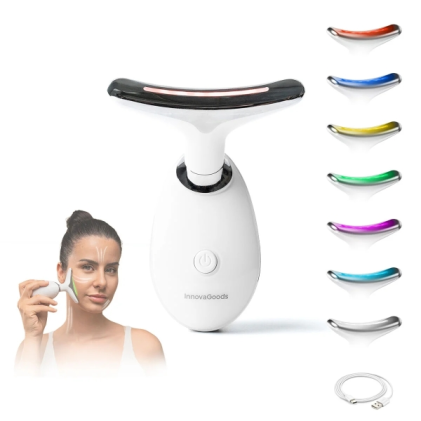 Innovagoods Selora Massaggiatore elettrico rassodante per viso e collo - Autonomia della batteria: 60 minuti - Batteria da 500 mAh - Termoterapia - Luce LED - Ricaricabile - Spegnimento automatico - Elettrostimolazione - Bianco
