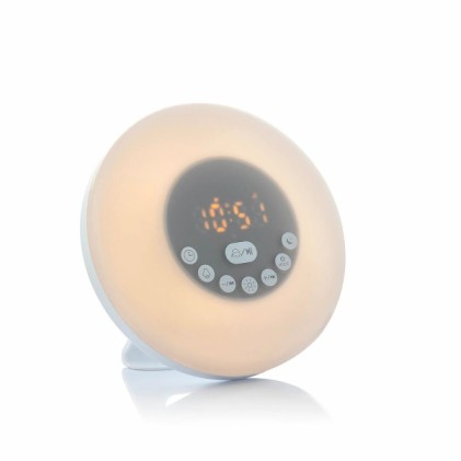 Sveglia wireless Innovagoods Sunrilk con altoparlante - Bluetooth - Radio FM - Batteria da 1200 mAh - Cavo da 100 cm - Schermo LCD - Ricaricabile - Timer - 16x9 cm - Bianca