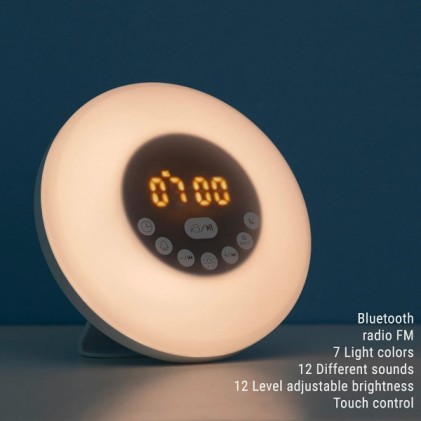 Sveglia wireless Innovagoods Sunrilk con altoparlante - Bluetooth - Radio FM - Batteria da 1200 mAh - Cavo da 100 cm - Schermo LCD - Ricaricabile - Timer - 16x9 cm - Bianca