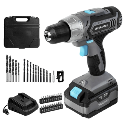 Trapano a percussione a batteria Cecotec CecoRaptor Perfect Drill 4020 Advance - Coppia 46Nm - Velocit&agrave; 1550 giri/min - Batteria 20V 4Ah - Luce LED - Include accessori e valigetta - Nero e grigio