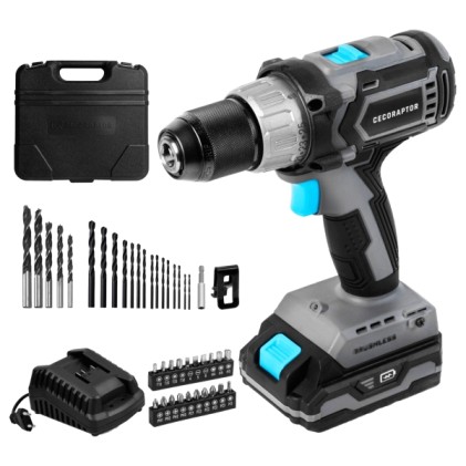 Trapano avvitatore ultra potente Cecotec CecoRaptor Perfect Drill 2020 senza spazzole - Coppia 46 Nm - 2000 giri/min - Batteria 2Ah 20V - Luce LED - Accessori inclusi - Motore senza spazzole - Nero e grigio