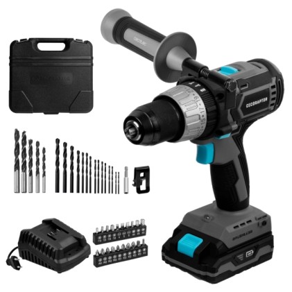 Trapano a percussione Cecotec CecoRaptor Perfect 2020 senza spazzole - Coppia 46 Nm - 2000 giri/min - 3000 impulsi/min - Batteria 2Ah 20V - Luce LED - Accessori inclusi - Nero e grigio