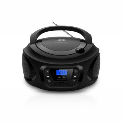 Autoradio Daewoo con lettore CD, USB, jack da 3,5 mm, Bluetooth, sintonizzazione automatica, maniglia per il trasporto, schermo LCD, colore nero e blu.