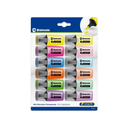 Confezione da 12 mini pennarelli fluorescenti Bismark a lunga durata - 6 neon e 6 pastello - Inchiostro ad asciugatura rapida - Punta a scalpello - Ideali per sottolineare ed evidenziare - Design ergonomico - Elevata durata