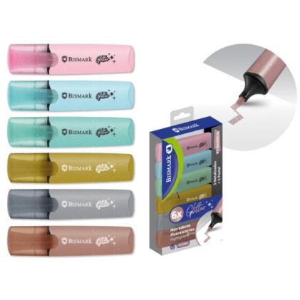 Confezione da 6 pennarelli fluorescenti glitterati Bismark - 3 pastello e 3 metallizzati - Inchiostro ad asciugatura rapida - Punta a scalpello - Ideali per sottolineare ed evidenziare - Design ergonomico