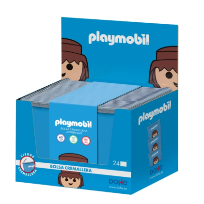 Supporto per Playmobil Dohe con 24 sacchetti in EVA traslucido da 400 micron - Formato orizzontale - Chiusura con cerniera - Blu