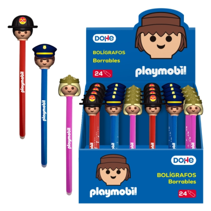 Dohe Playmobil Espositore da 24 penne cancellabili - Punta da 1 mm, tratto da 0,5 mm - Disegni Playmobil Polizia, Vigili del Fuoco e Principessa - Inchiostro blu