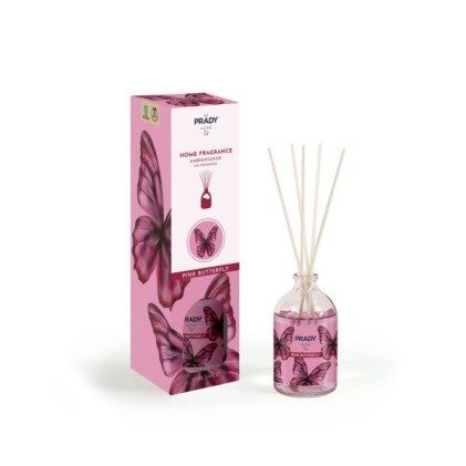 Deodorante per ambienti Prady Pink Butterfly Mikado - Flacone in vetro da 100 ml e bastoncini diffusori